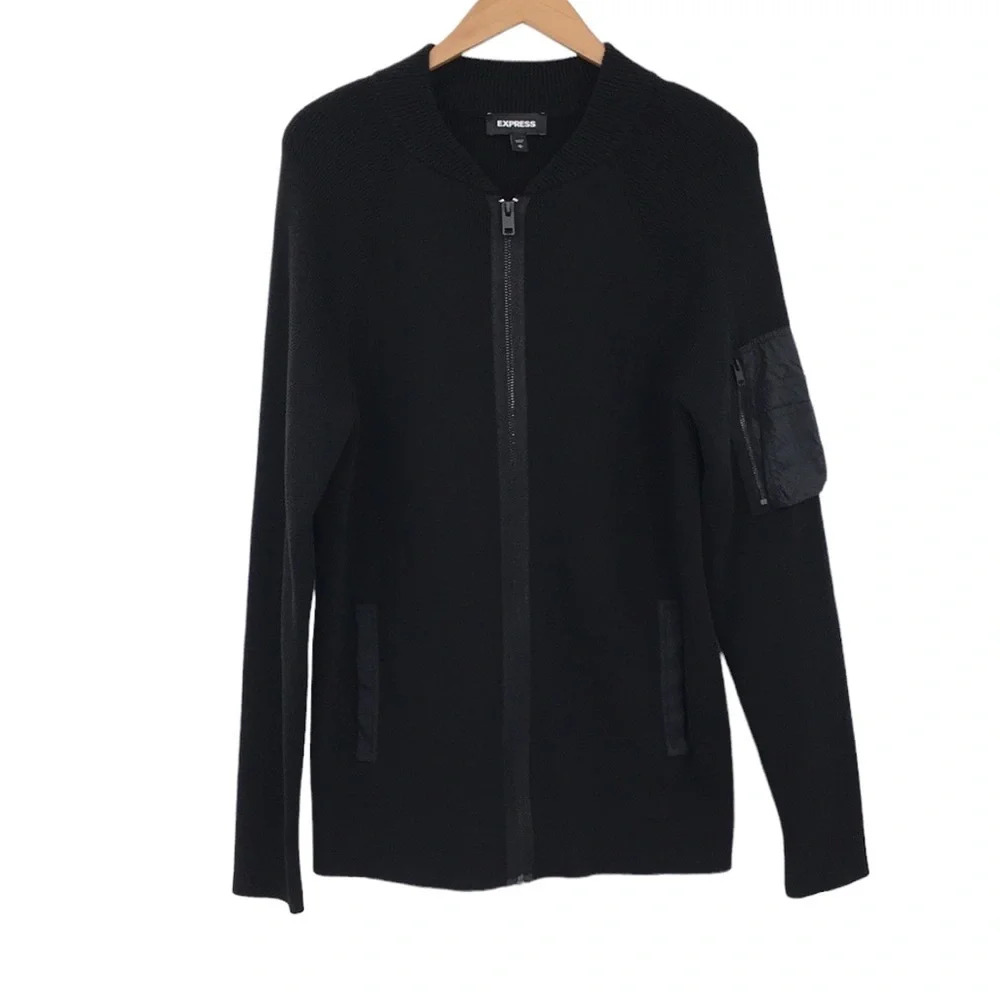 Express Black Powell Zip Through Knit Sweater Mens Medium‎ 100% Cotton